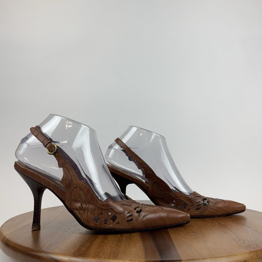 Womens Schutz Christina Brown Leather‎ Cutout Slingback Pointed Toe Heels Size 6